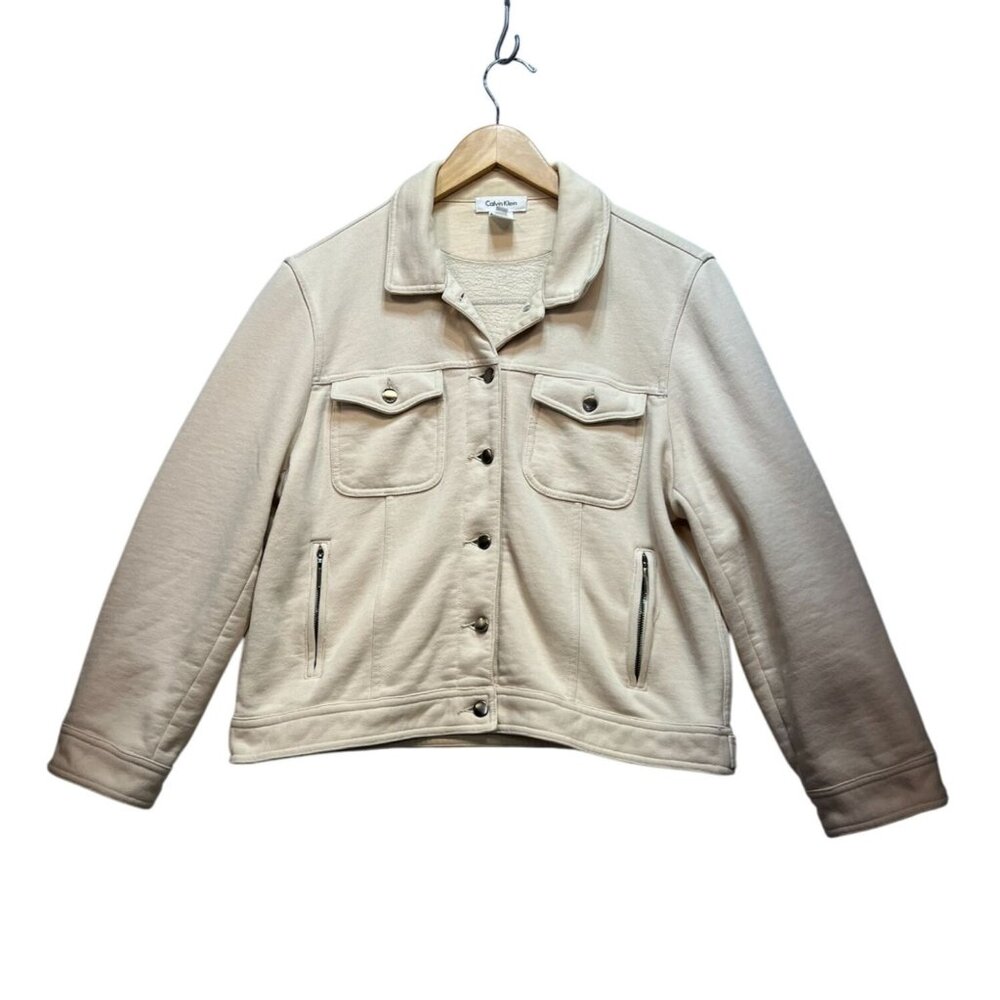 Calvin Klein Women Button-Up Jacket Large Beige Long Sleeve Casual Travel Pocket